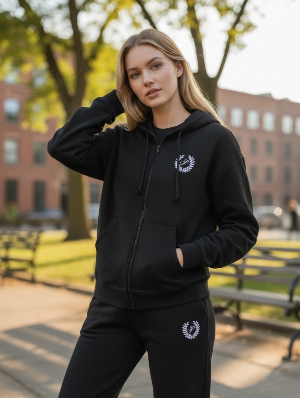 PINK Black Zip Hoodie &  Sweatpants set with White Laurel Crest